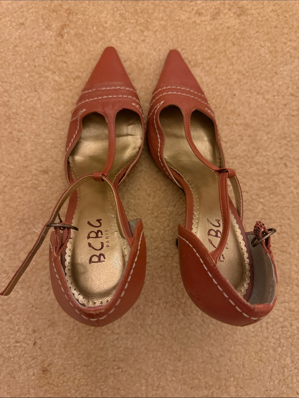BCBG Pointed T-Strap Slingback Heels in Rust Brown